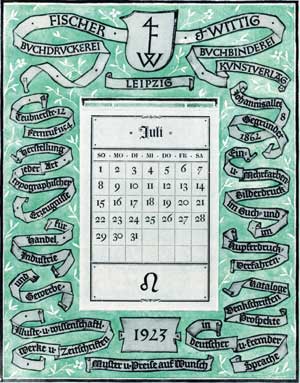 Страница календаря для фирмы «Фишер унд Виттиг». Издательская марка сверху